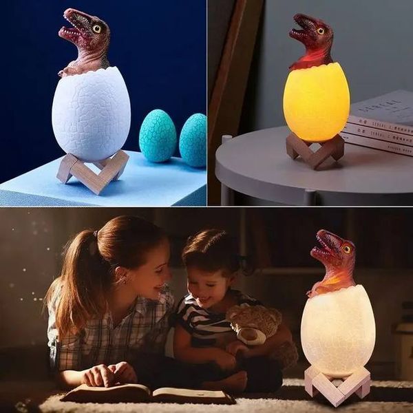 Нічник LED-лампа з пультом ДК Настільна аккумуляторна RGB 3D Dinosaur "Динозаврик у яйці" G1535 фото