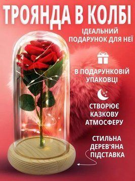 Троянда Рожева у скляній колбі з підсвіткою та дерев&rsquo;яною підставкою, декоративний нічник (72) E85348 фото