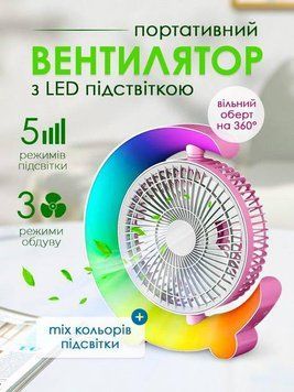 Настільний вентилятор з кольоровим RGB підсвічуванням 3 режими швидкості обертання на 360&deg; бесшумный портативний вентилятор нічник (40) W7585 фото