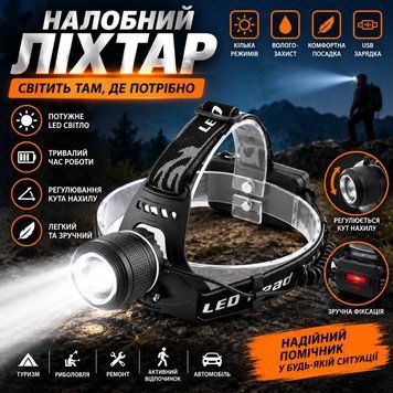 Налобний ліхтар &mdash; надійне освітлення завжди під рукою потужне LED-світло тривалий час роботи регулювання кута нахилу вологозахист кілька режимів освітлення USB-зарядка (120) С0873 фото