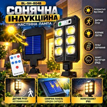 Сонячна індукційна настінна лампа BL-SH-804B заряджається від сонця датчик руху 6 яскравих LED пульт керування захист від вологи та дощу IP65(100) С6522 фото