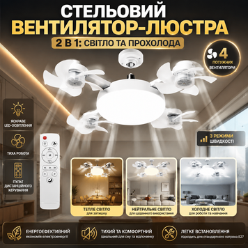 Стельовий вентилятор-люстра 2 в 1 з пультом керування LED-люстра 4 потужні вентилятори для швидкого охолодження з пультом С58991 фото