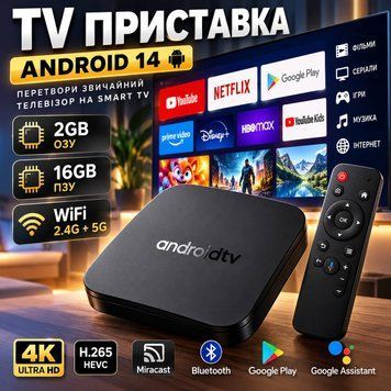 Приставка TV Android 14 ОЗП: 2 ГБ ПЗП: 16 ГБ Wi-Fi 2.4G + 5G підтримка 4K Ultra HD YouTube, Google Play та інші додатки (40) R65464 фото